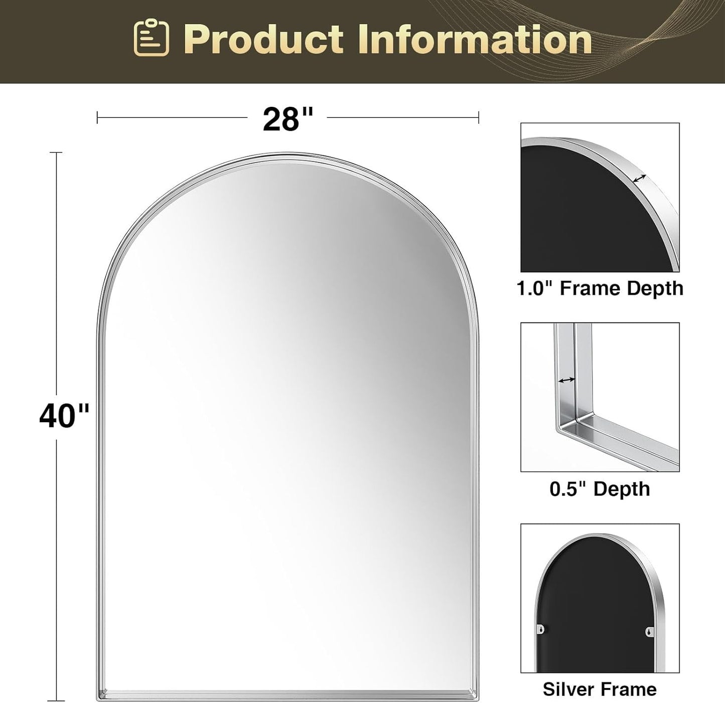 Brightify Arched Mirror, Arched Wall Mirror, 24 x 32 Inch Silver Arch Mirror, Metal Frame Silver Bathroom Mirror, Arched Top Bathroom Vanity Mirror for Living Room Bedroom Mantel Entryway Hallways