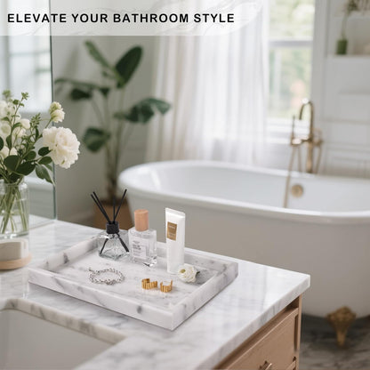 Marble Bathroom Tray for Countertop & Home Decor, Natural Decorative Marble Tray for Jewelry & Perfume Organizer, Luxury Stone Vanity Trays for Dresser, Kitchen Counter, 12" x 8", Gray Black
