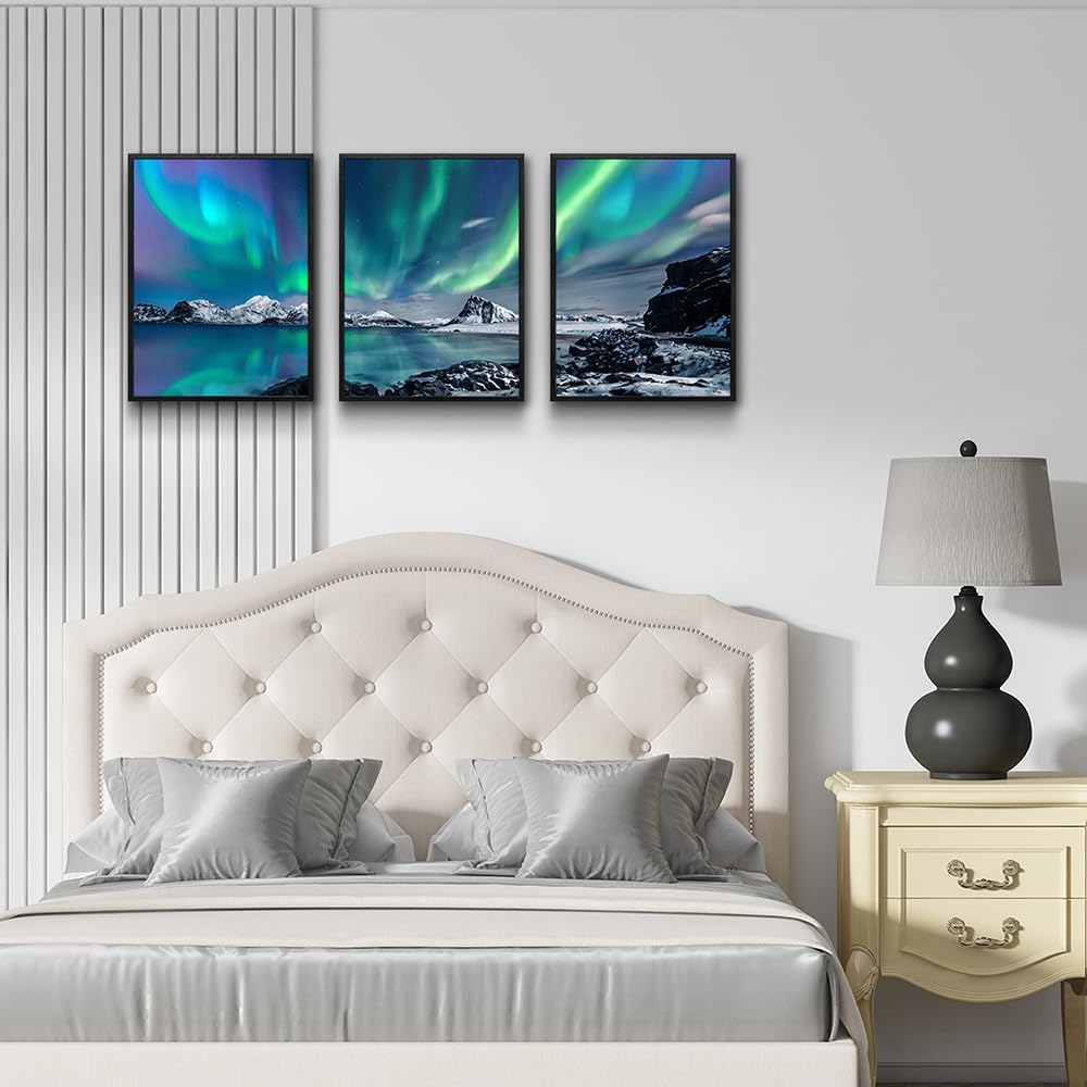 MHARTK66 Wall Art for Bedroom Wall Decor for Living Room Office Decor Abstract Mountain Aurora Landscape Painting 3 Piece Scenic Framed Canvas Art Prints Ready to Hang Kitchen Wall Pictures Home Decor