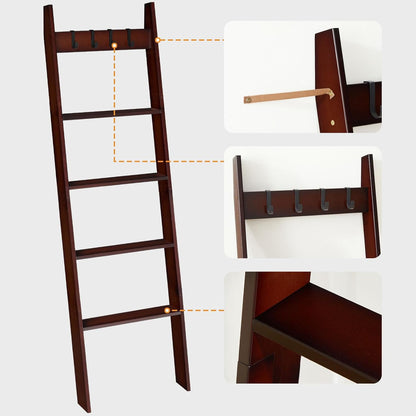 HOOBRO Blanket Ladder for Living Room and Bedroom, 5-Tier Wall Leaning Towel Rack for Bathroom, Decorative Ladder Shelf with 4 Removable Hooks, Farmhouse Blanket Storage, Mocha MA51CJ01G1