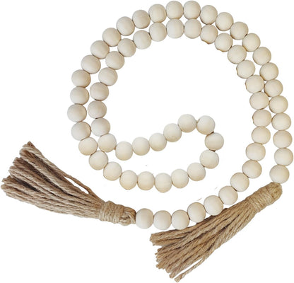 Boho Decor Wood Beads Garland Farmhouse Wall Hanging Decorations Natural Wooden Bead Tassel Decorative for Coffee Table Christmas and Prayer (Nature, 58")