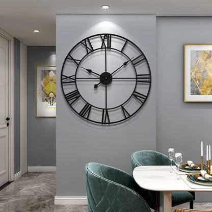 LEIKE 16" Large Wall Clocks Battery Operated, Round Modern Silent Non-Ticking Black Metal Wall Clock for Living Room Decor, Bedroom Kitchen (40cm Diameter, Black Roman Number)