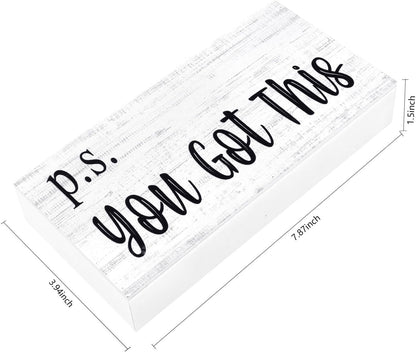 Esur Motivational Home Office Desk Black Decor - Farmhouse Wooden Box Sign Gift for Women - P.S. You Got This