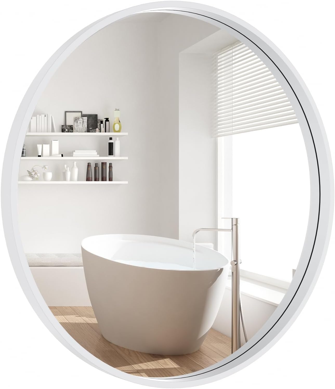 WallBeyond Wood Round Mirror with Wood Frame 24 inch Circle Wall Mirror for Bathroom Round Wall Mirror for Wall Decor, Vanity, Entryway Living Room (Walnut)