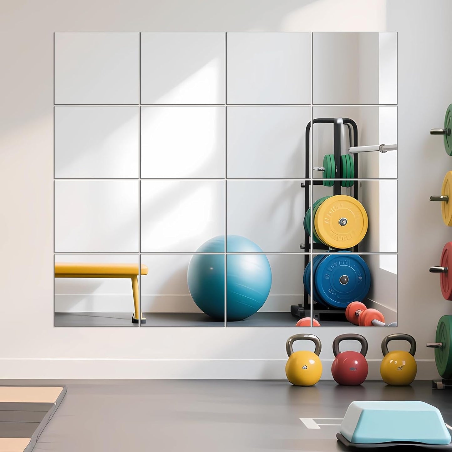 Ruomeng Home Gym Mirrors 12 Inch x 12Pcs Wall Mounted Mirror Glass Frameless Full Length Mirror Tiles for Home Gym, Bedroom, Door & Bathroom