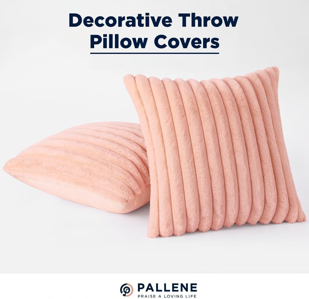 Pallene Faux Fur Plush Throw Pillow Covers 18x18 Set of 2, Luxury Soft Fluffy Striped Decorative Pillow Covers for Sofa, Couch, Living Room, Cream White