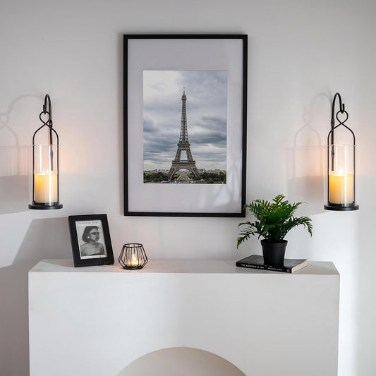 Wall Candle Holder Set of 2: Black Metal Modern Hurricane Candle Lantern Decoration for Outdoor - Minimalist Candle Sconces wall Decor for Bedroom Hallway Bedide TV