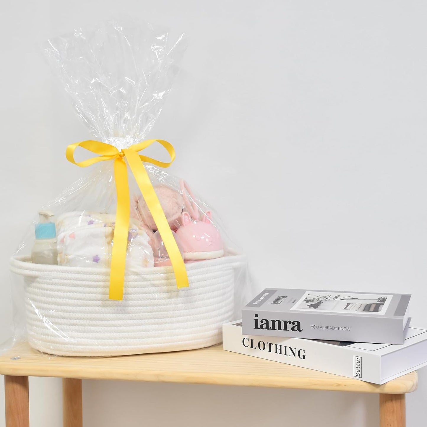ABenkle Small Basket with Handles, Boho Decorative Rope Woven Dog Cat Toy Storage Bin Shelf Storage Organizer, Easter Christmas Gift Basket, 12"x8"x5", White
