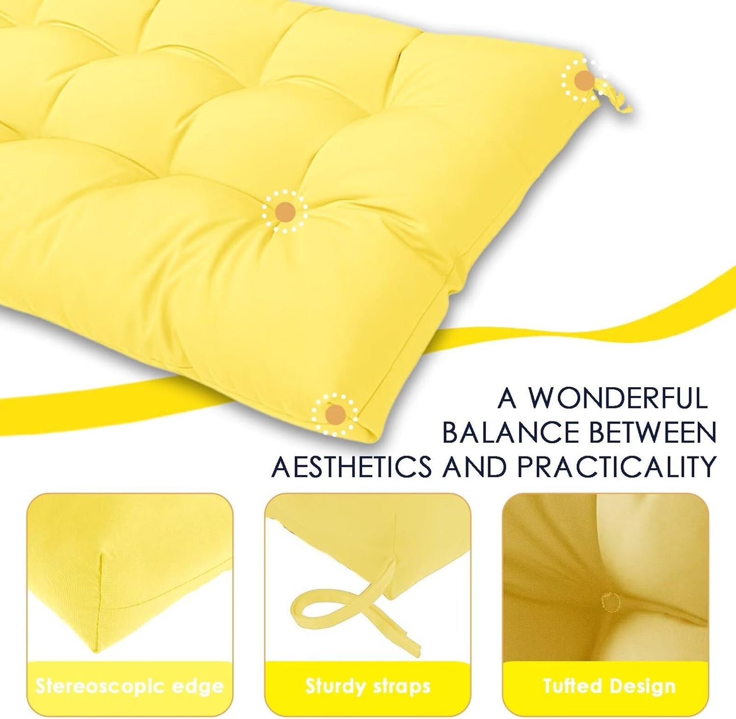 MTMR Outdoor Bench Cushion-44X19 Water-Repellent Tufted Porch Swing Cushions with High Elasticity PP Cotton and Ties Fade-Resistant Patio Outdoor Chair Cushion for Bench Furniture, Indoor Seat Cushion