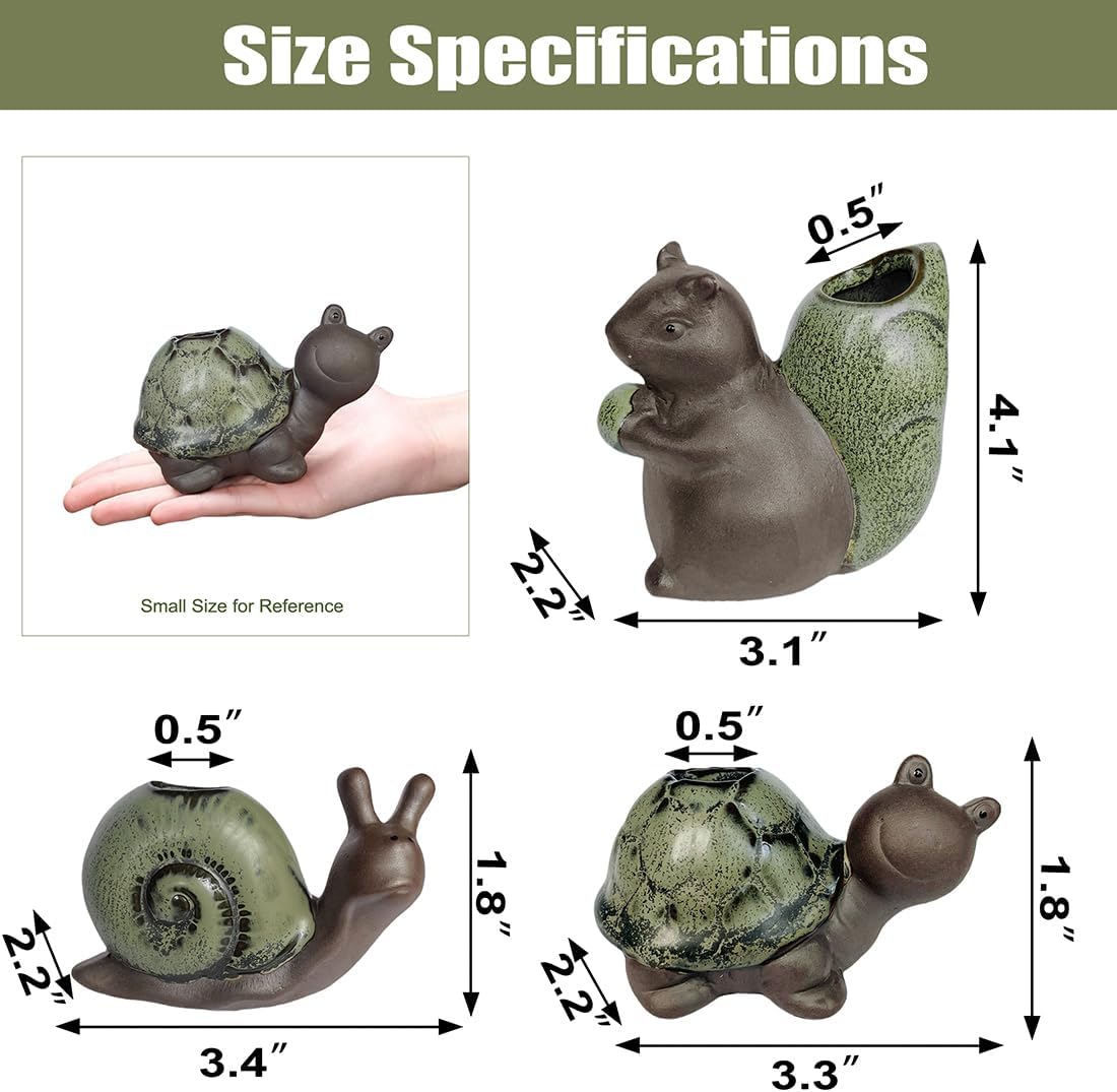 Cute Ceramic Garden Figurines Statue Set of 3 Turtle,Snail, Squirrel, Sculptures Ornaments for Home Office Desk Table Bookshelf Decor and Gifts