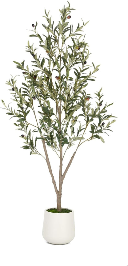 VIVATREES Olive Trees Artificial Indoor, 6FT Tall Faux Olive Tree with White Tall Planter, Artificial Plants with Natural Wood Trunk and Lifelike Fruits for Home Office Decor