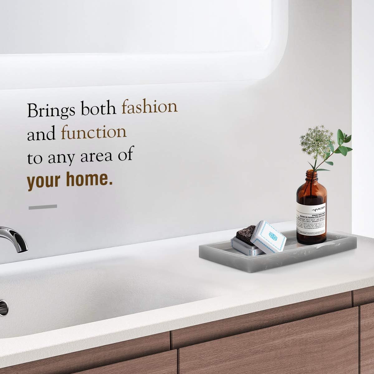 Luxspire Bathroom Vanity Tray, 8 x 4 inch Resin Kitchen Sink Tray for Soap Dispenser Bathroom Countertop Organizer Plate Holder for Perfume Soap Towel Bathroom Accessories, Mini, White Marble