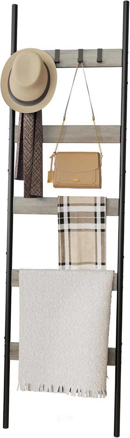Blanket Ladder, 5-Tier Towel Holder with 4 Removable Hooks, Farmhouse Wall Leaning Decorative Rack Shelf, Wooden Towel Display Rack, Quilt Ladder for Living Room, Bedroom, Rustic Brown