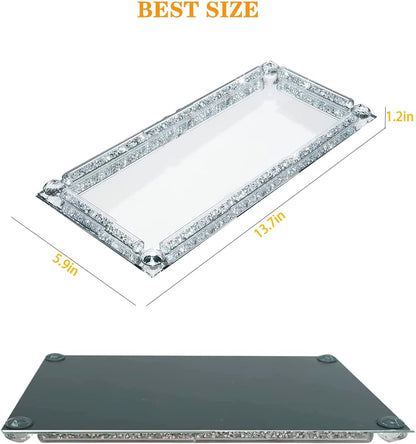 Crystal Glass Tray, Modern Mirror Jewelry Dresser Trinket Trays with Crushed Diamond, 11.8" x 7.9"Rectangular Makeup Perfume Tray for Bathroom Bedroom, Home Decor, Hotel Banquet, Party(Silver)