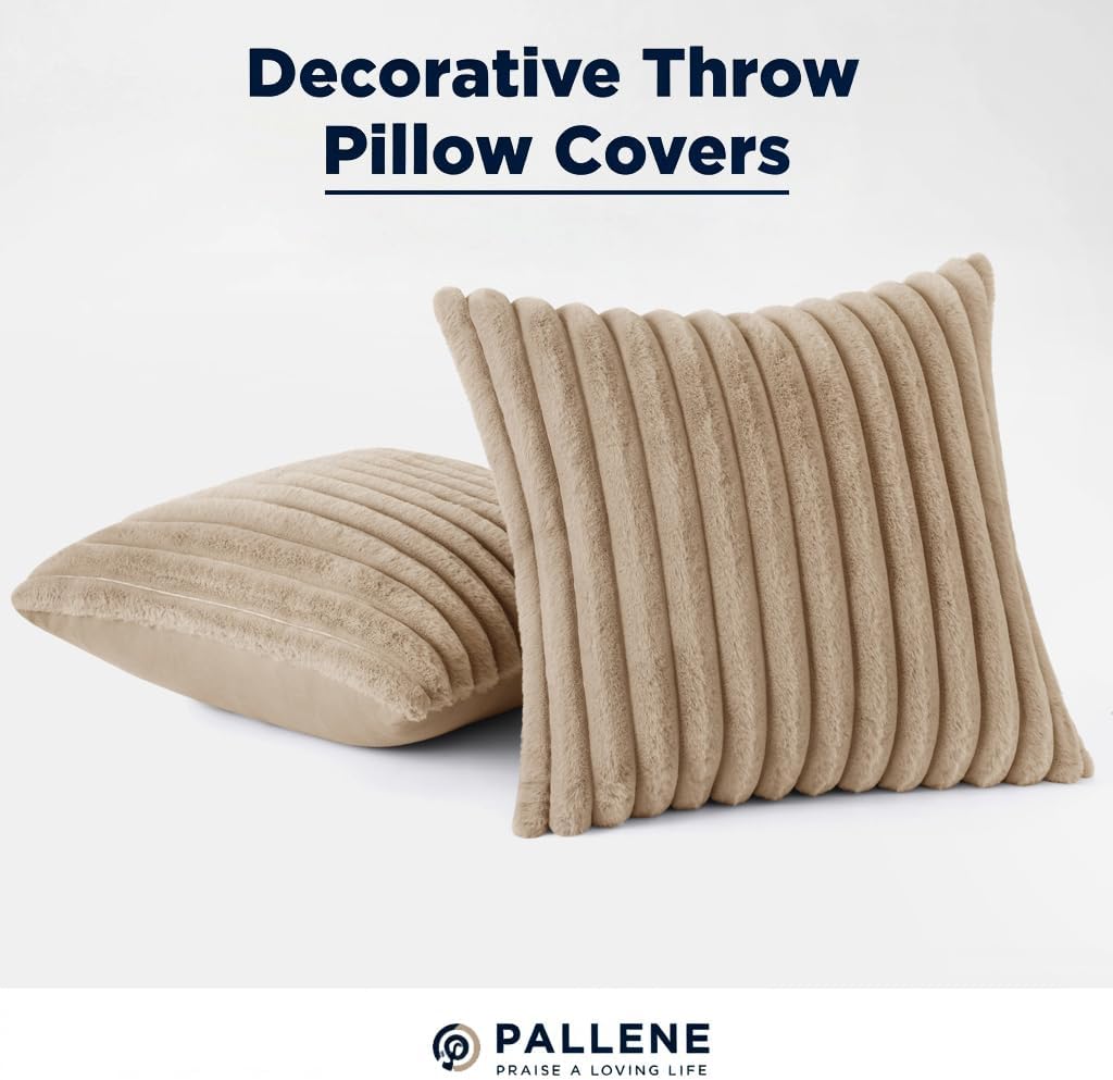 Pallene Faux Fur Plush Throw Pillow Covers 18x18 Set of 2, Luxury Soft Fluffy Striped Decorative Pillow Covers for Sofa, Couch, Living Room, Cream White