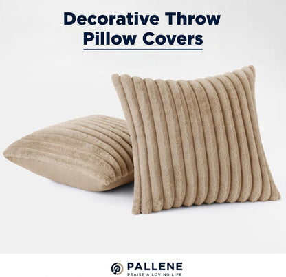 Pallene Faux Fur Plush Throw Pillow Covers 18x18 Set of 2, Luxury Soft Fluffy Striped Decorative Pillow Covers for Sofa, Couch, Living Room, Cream White