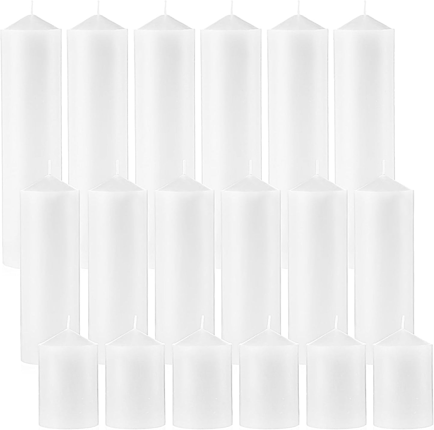 MTLEE 18 Pcs Set of 3 Pillar Candles Bulk 2 in x 3, 6, 8 Long Burning Clean Unscented Smokeless Pillar Candles for Wedding Emergency Lanterns Ceremony Party (Ivory White)