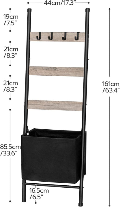 HOOBRO Blanket Ladder with Basket, 17.3”L x 63.4”H, Towel Rack with Hooks, Blanket Holder Rack, Decorative Ladder Shelf, Drying and Display Rack for Bathroom, Living Room, Rustic Brown BF31CJ01