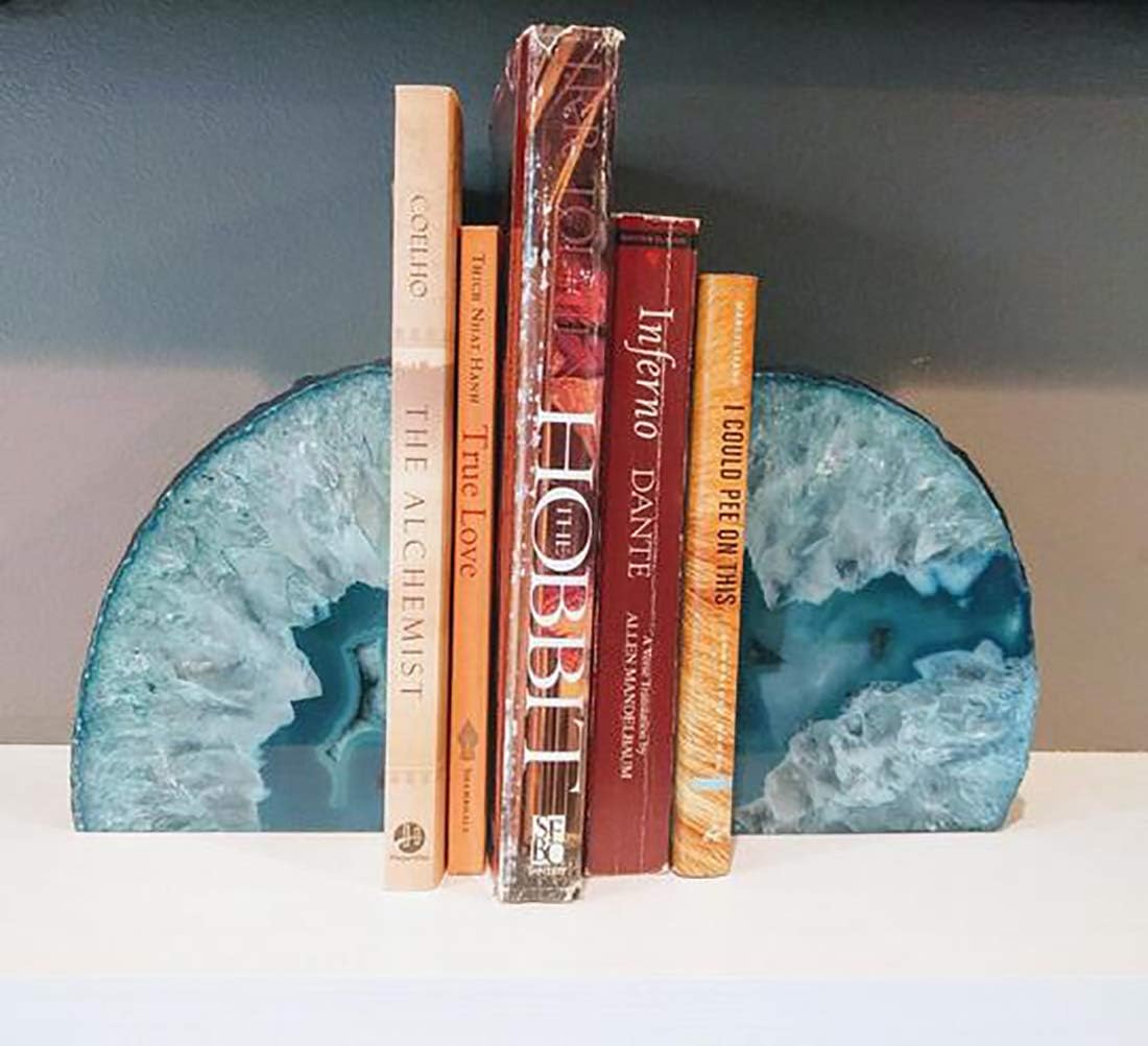 JIC Gem Dyed Blue Agate Bookends Geode Decorative Book Ends for Heavy Books with Rubber Bumpers for Office and Home Decoration Polished Small Size 2 to 3 Lbs