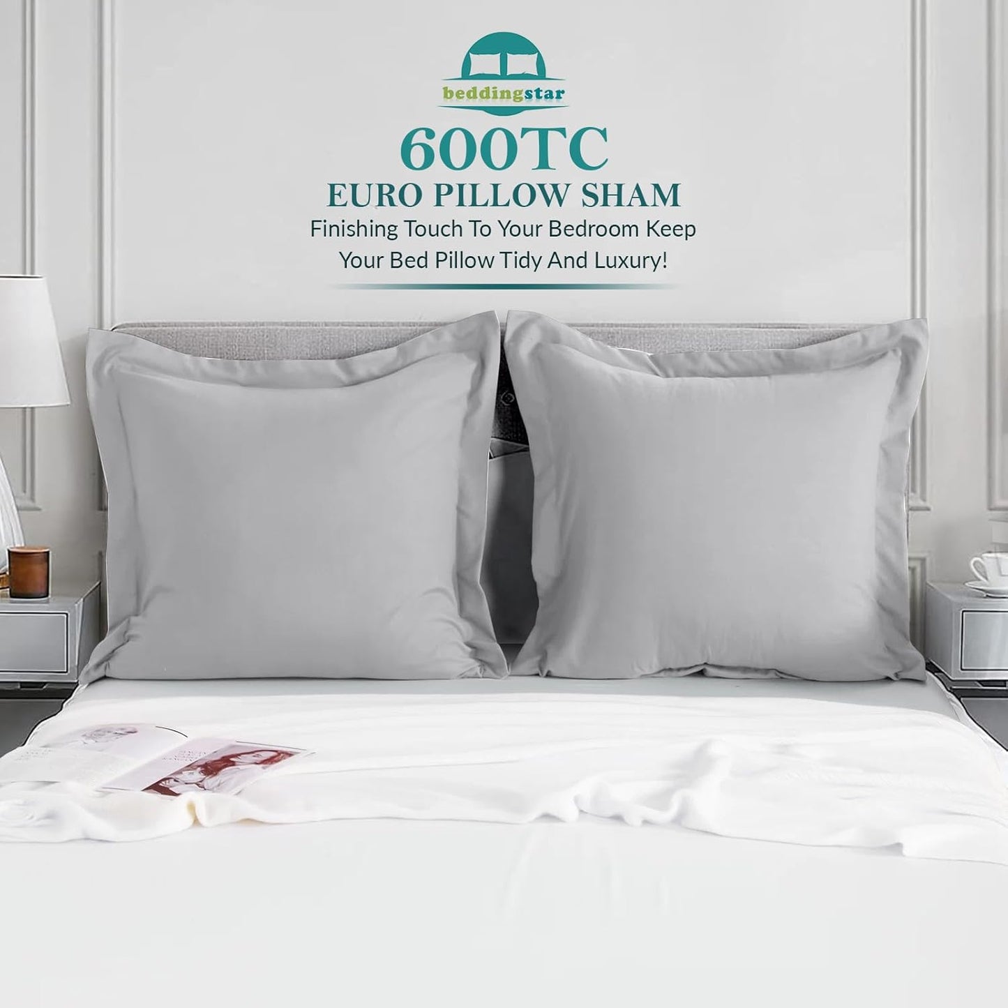 Euro Sham Covers 26x26 Set of 2 White 600 Thread Count 100% Egyptian Cotton Pack of 2 Euro 26x26 Pillow Covers Cushion Cover Cases Soft Skin Friendly European Size Decorative Square Pillow Shams