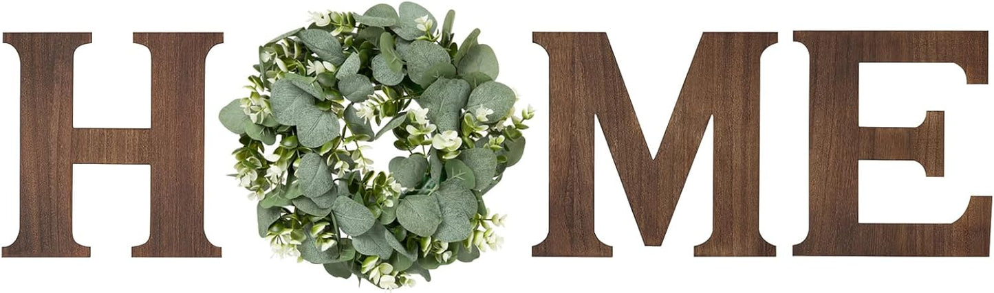 Mkono Farmhouse Wall Home Sign with Artificial Eucalyptus for O Rustic Wooden Hanging Letters Decorative Wall Art Decor for Living Room Kitchen Entryway Housewarming Gift, Brown