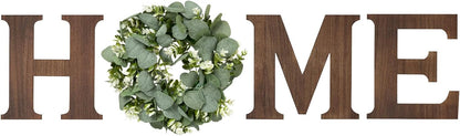 Mkono Farmhouse Wall Home Sign with Artificial Eucalyptus for O Rustic Wooden Hanging Letters Decorative Wall Art Decor for Living Room Kitchen Entryway Housewarming Gift, Brown