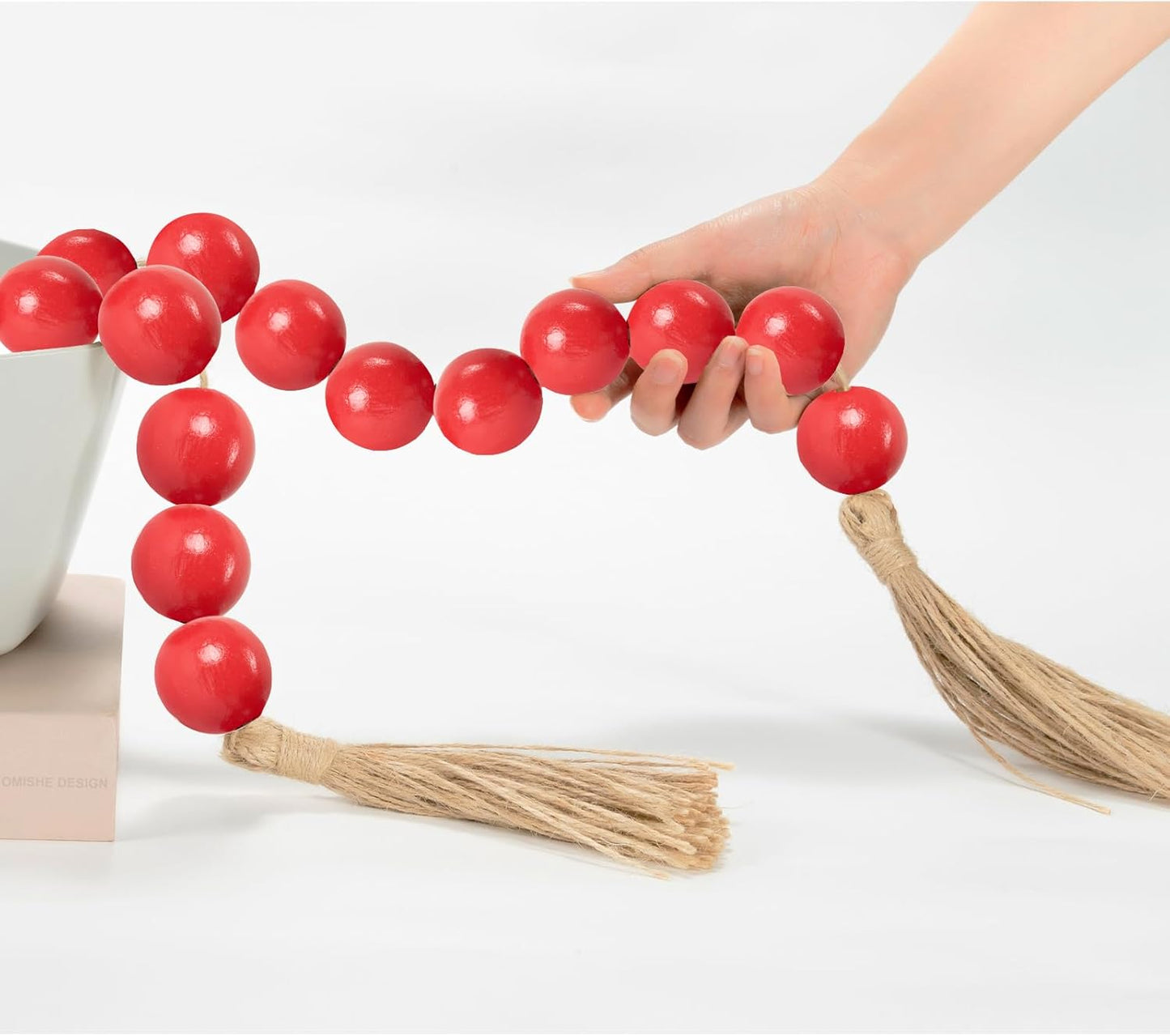 OMISHE Extra Large Wood Bead Garland with 1.6" Diameter Wooden Beads and Tassels, 41" Long Rustic Farmhouse Country Decorative Beads for Home Tiered Tray Decor, Natural Beige