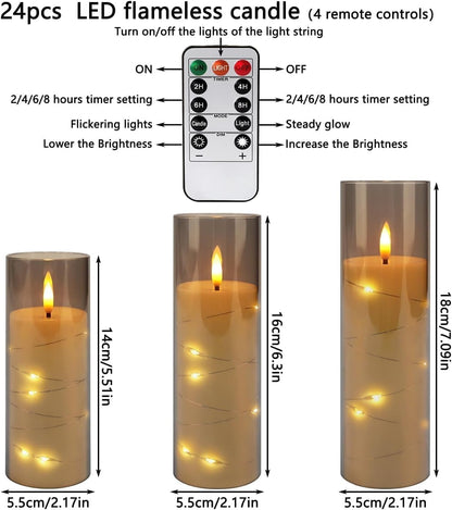 YOROXRG Set of 24 Waterproof Outdoor Flameless Candles, LED Candles with 4 Remote and Timer,(H 4" 5" 6" x D 2.2"),for Halloween Wedding Festiv