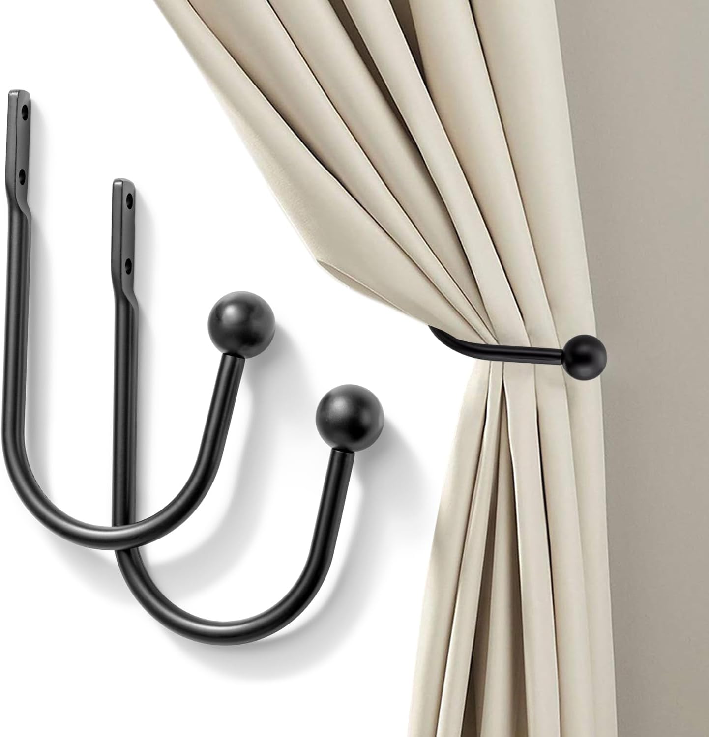 2 Pack Curtain Holdbacks - Silver, Decorative Drapery Wall Hooks with Hardware, Curtain Pull Back Hooks, Metal Curtain Tiebacks Wall Mounted, Window Side Holders for Drapes, Curtain Accessories