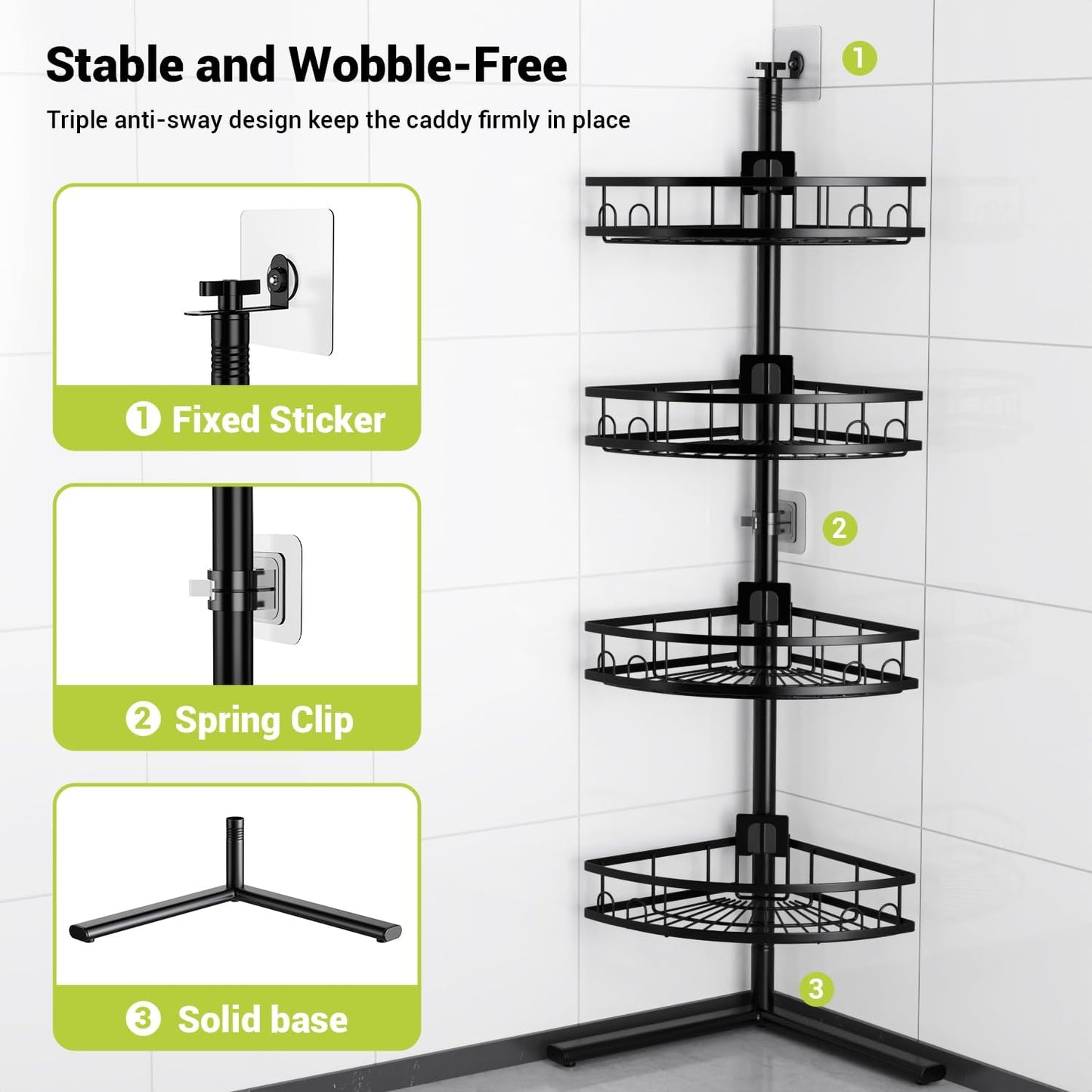 Aitatty Corner Shower Caddy Standing: 4-tier Rustproof Shower Organizer Shelf - Floor Shower Corner Shelf Rack Stand for Bathroom Black