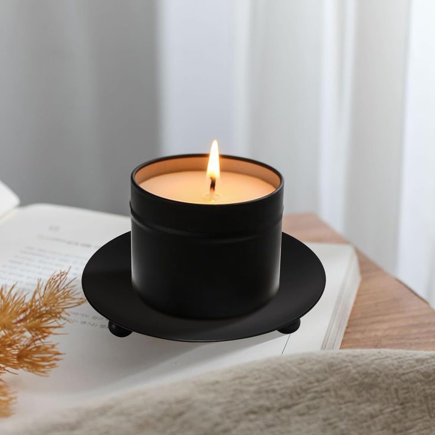 Iron Plate Candle Holder, Black Candle Holders for Pillar Candles, Small Candle Tray, Decorative Pillar Candle Holder Plate Metal Candle Stand for LED & Wax Candles,Spa,Weddings，Party (4 pcs)