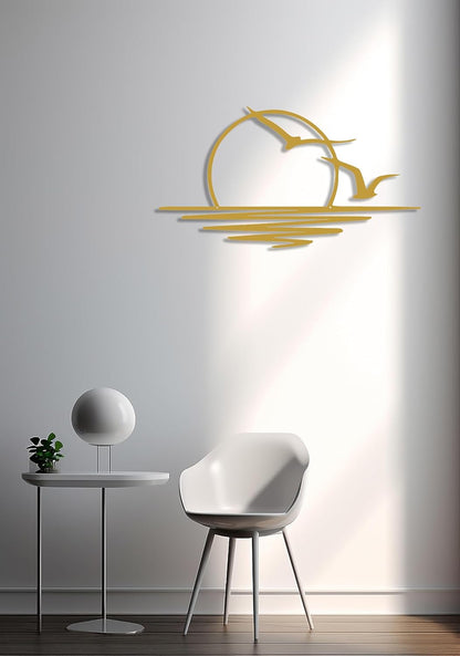 Benziso Sun Metal Wall Art Abstract Sunset with Seagulls Metal Wall Decor Minimalist Sunrise Line Art for Living Room Kitchen Bathroom Indoor Outdoor