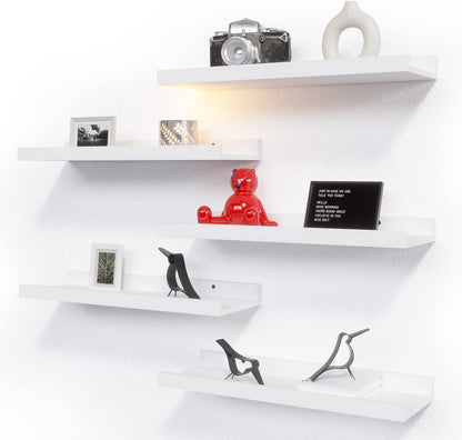 RICHER HOUSE 5 Set Floating Wall Mounted Shelves, Black Shelves for Wall Decor, Modern Picture Ledge Shelf with Lip for Storage, Nursery, Bedroom, Living Room, Bathroom - Black