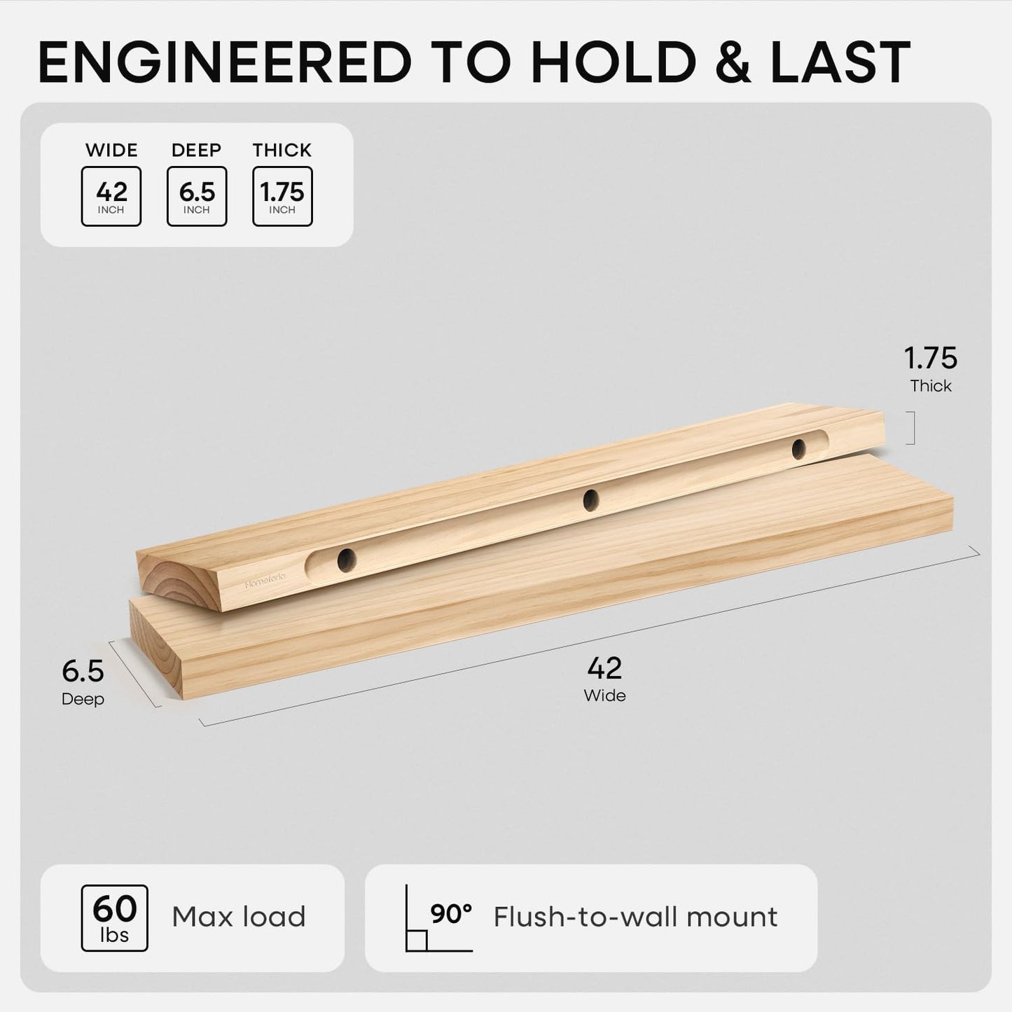 Homeforia 24 inch Natural Floating Shelf, High End Solid Real Wood 24inch Small Floating Shelves for Wall Mounted, Natural Wooden Floating Shelves, Heavy Duty Bracket, 24 X 6.5 X 1.75 in, Set of 2