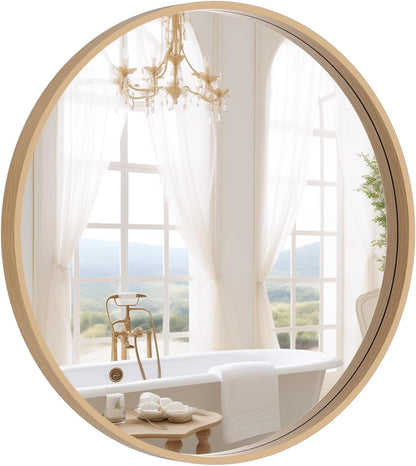 WallBeyond Wood Round Mirror with Wood Frame 24 inch Circle Wall Mirror for Bathroom Round Wall Mirror for Wall Decor, Vanity, Entryway Living Room (Walnut)