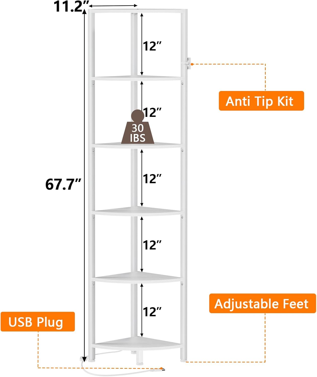 Furnulem 6 Tier Corner Shelf with LED Light, 67.5” Tall Standing Shelf Organizer, Black Narrow Bookshelf with Storage Rack for Wall Corner, Living Room, Bedroom, Metal Frame, Wood Display Shelf