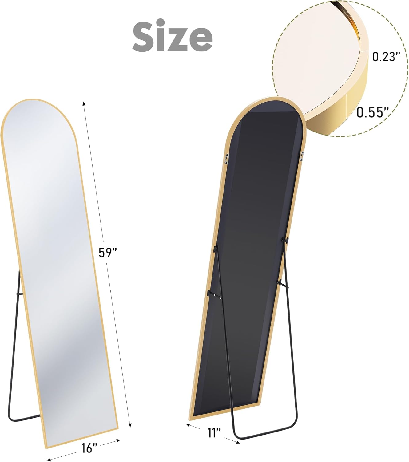 DUMOS Arched Full Length Mirror with Stand 64"x21" Floor Standing Aluminum Frame for Bedroom Body Hanging Leaning Modern Simple Home Decor Shatter-proorf Nano Glass Wall Living Room Cloakroom Black