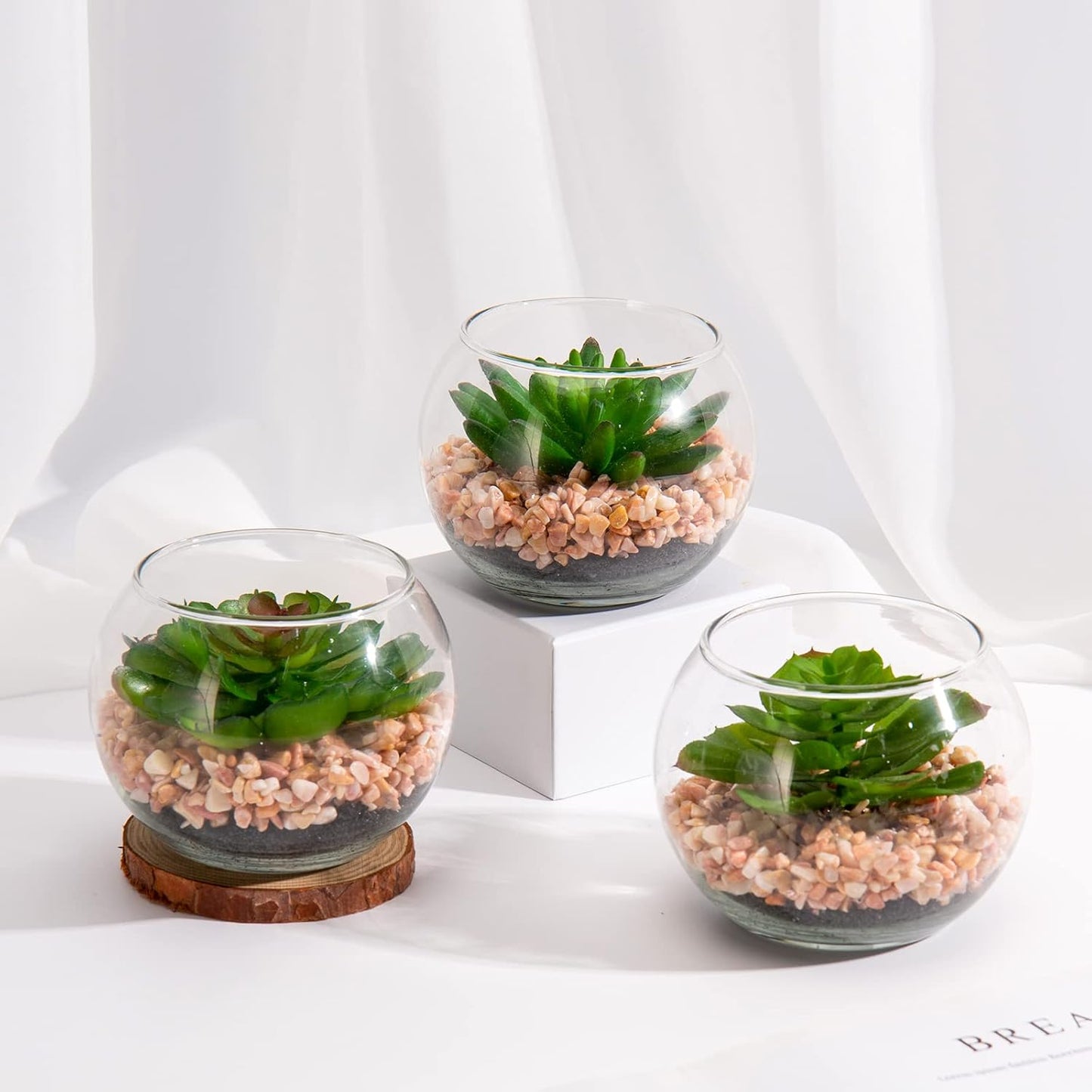 Briful Mini Fake Plants 4 Packs Succuletns Artificial Potted Plants in Cube Glass Vase Faux Succulents for Bathroom Living Room Kitchen Shelf Table Decor