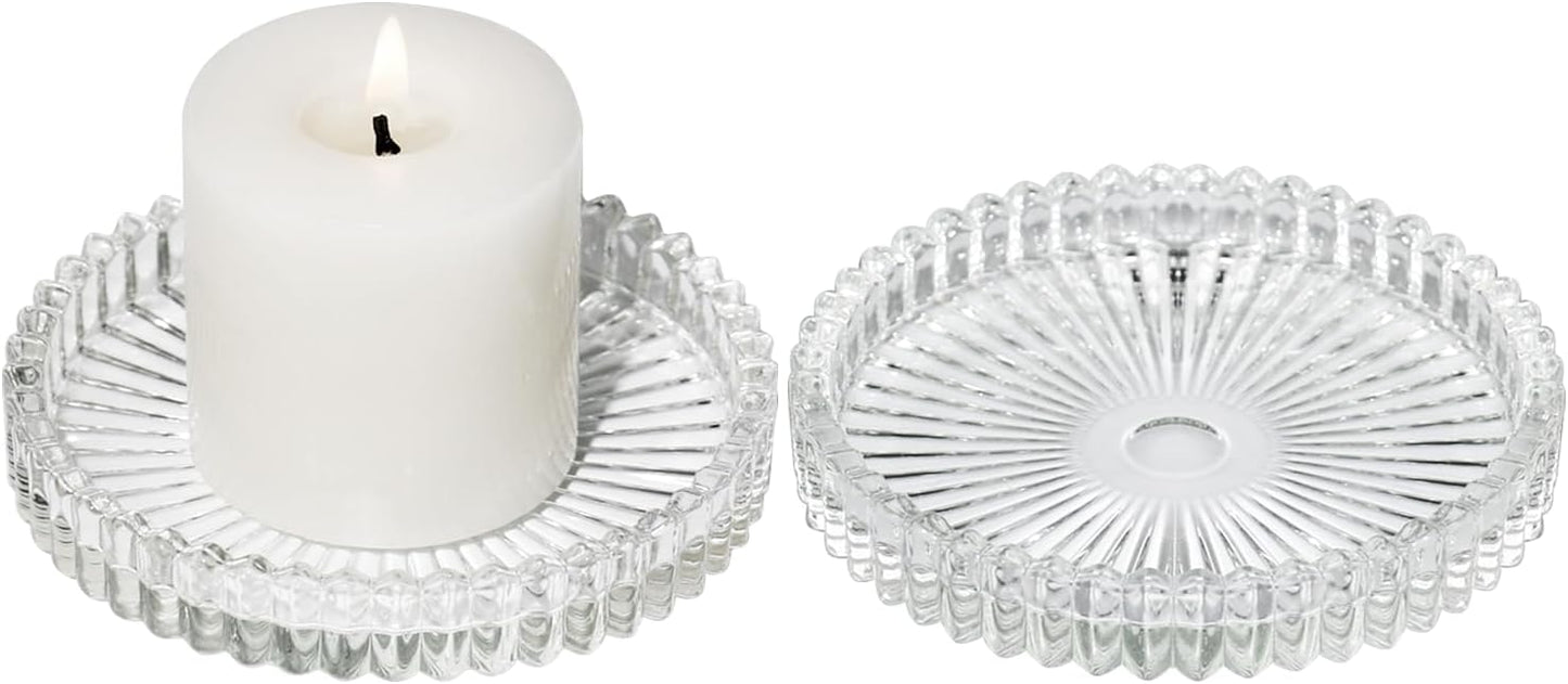 Vixdonos 3.8 Inch Glass Pillar Candle Holder Set Pack 2 Gear Round Plate Serrated Candle Stand for Table Centerpieces,Party, Wedding and Home Decor