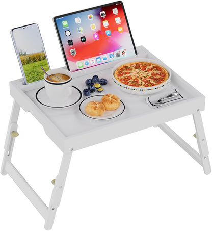 Bed Tray Table with Handles Folding Legs,Bamboo Breakfast Food Tray with Media Slot,Use As Platter,Laptop Desk,Snack,TV Tray Kitchen Serving Tray Black Large