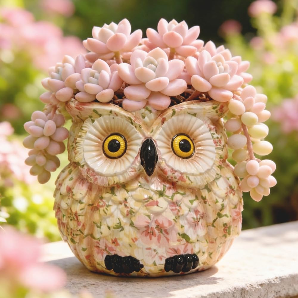 Owl Planter, Owl Succulent Pots, Funny Plant Pots Indoor/Outdoor, Decorative Garden Flower Pot, Cute Small Planters for office Home Decor, Unique Statue Figurine Gifts for Women Mother Teacher Red