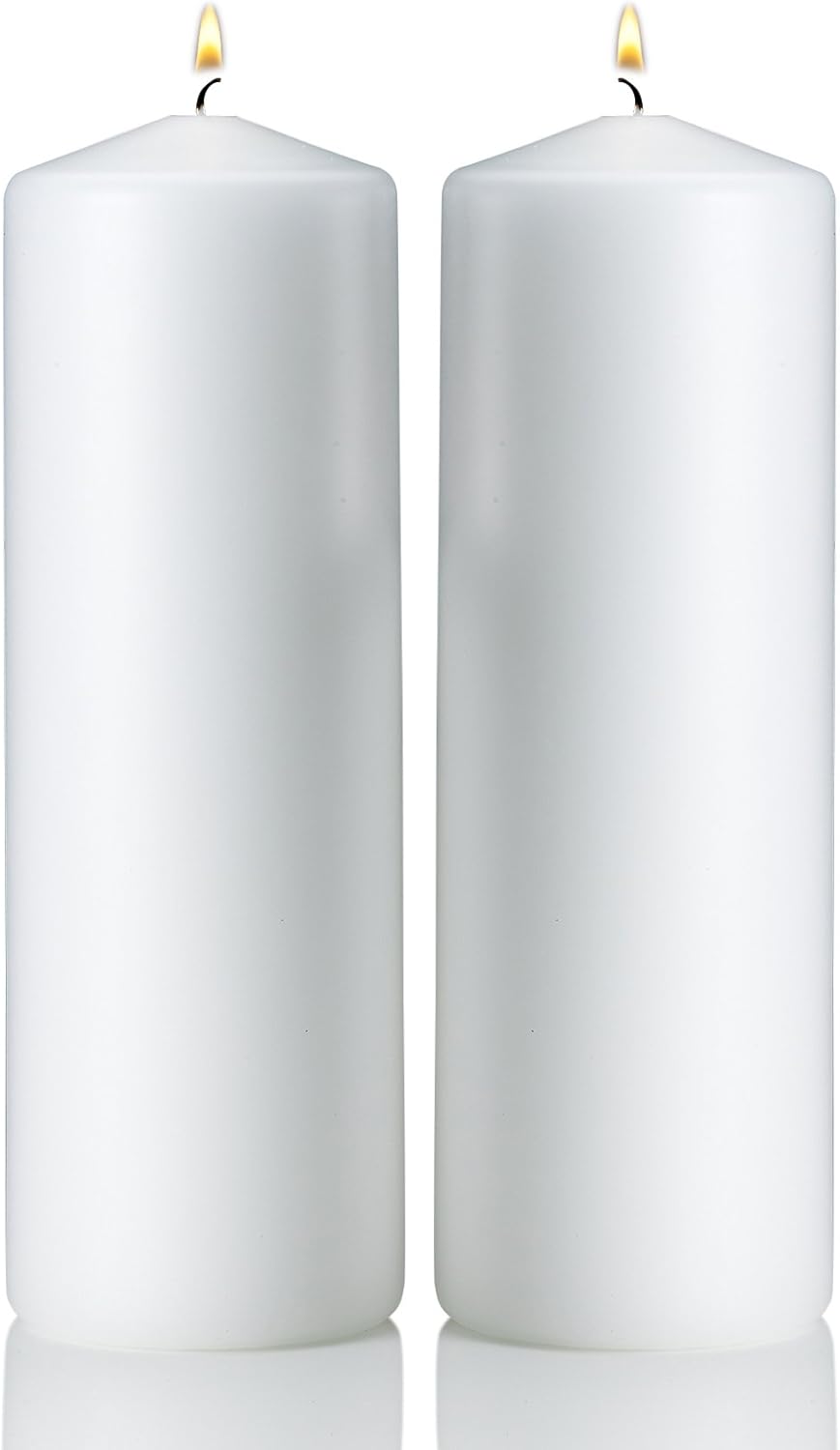 Light In The Dark White Pillar Candles - Set of 2 Unscented Candles - 9 inch Tall, 3 inch Thick - 90 Hour Clean Burn Time
