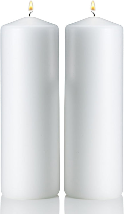 Light In The Dark White Pillar Candles - Set of 2 Unscented Candles - 9 inch Tall, 3 inch Thick - 90 Hour Clean Burn Time