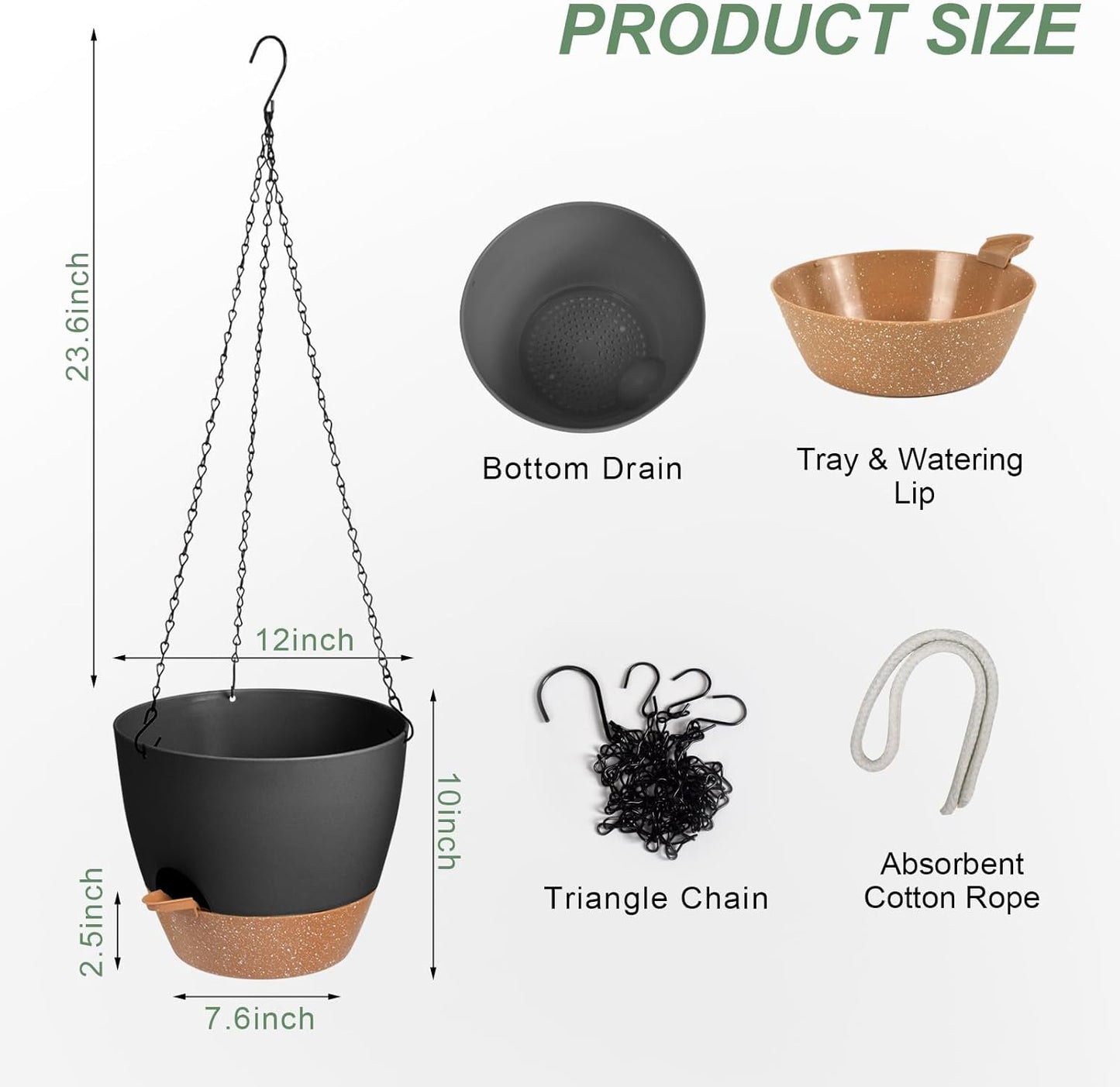 Vanslogreen Hanging Planters for Indoor Outdoor Plants, 2 Pack Self Watering Hanging Pot with Drainage Holes & Removable Tray (Black, 8'')