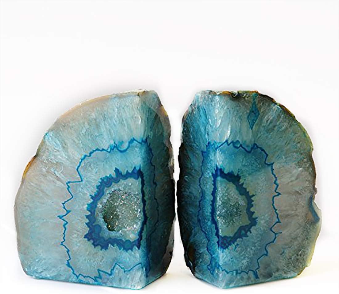 JIC Gem Dyed Blue Agate Bookends Geode Decorative Book Ends for Heavy Books with Rubber Bumpers for Office and Home Decoration Polished Small Size 2 to 3 Lbs