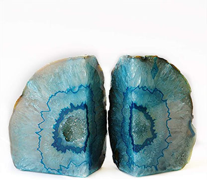 JIC Gem Dyed Blue Agate Bookends Geode Decorative Book Ends for Heavy Books with Rubber Bumpers for Office and Home Decoration Polished Small Size 2 to 3 Lbs