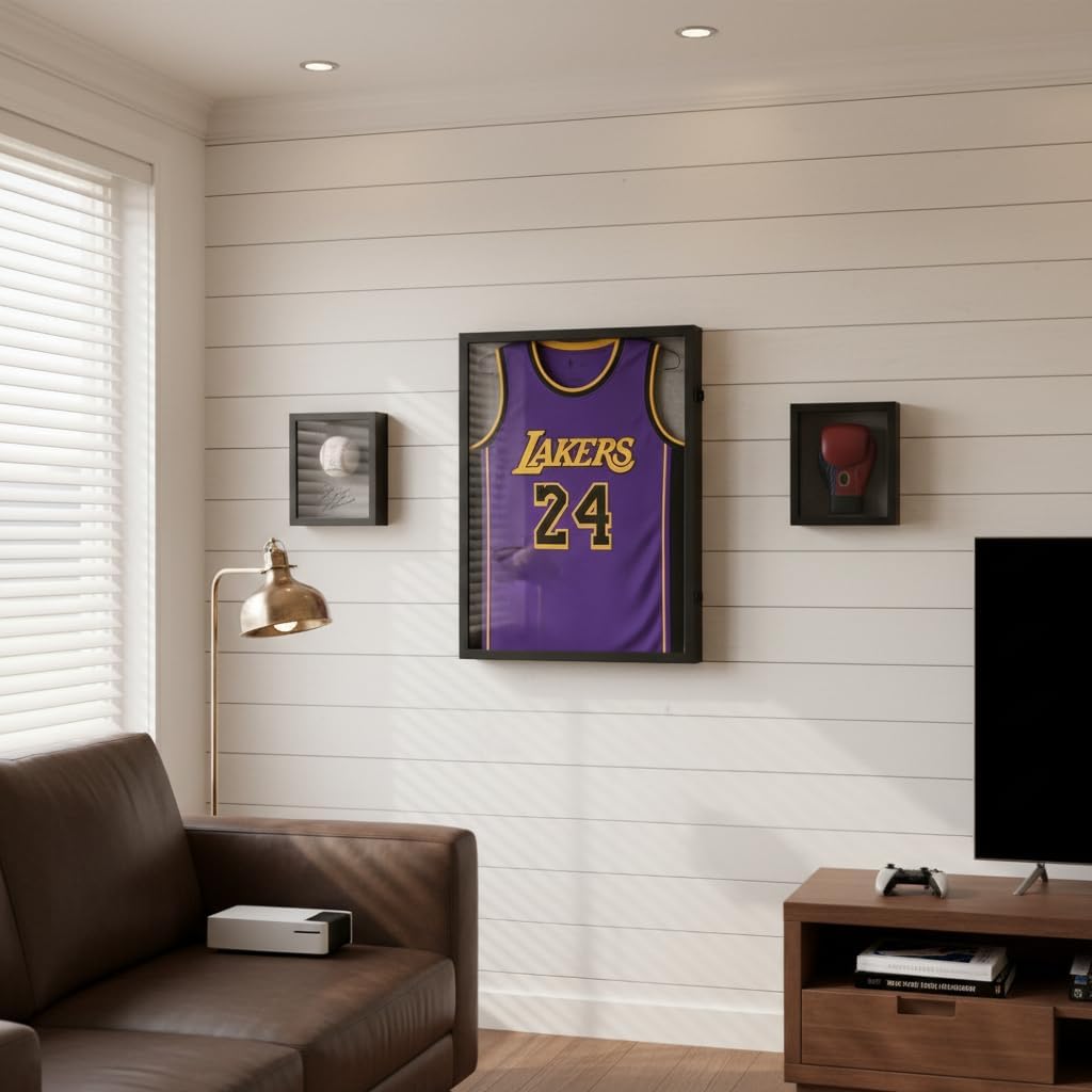 Large Lockable Jersey Frame Display Case Wall Mount, T-Shirt Shadow Box with Clear UV-Protective Acrylic, Hangers Linen Backing for Football, Basketball, Baseball