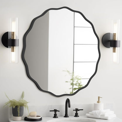 WallBeyond Round Wavy Mirror for Wall Decorative 24 inch, Modern Round Mirror Aluminum Frame for Bathroom Bedroom Living Room Home House Office Entryway, Gold