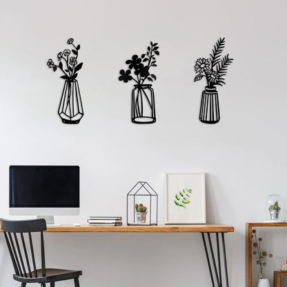3 Pcs Metal Vase Wall Arts,Iron Art Painting,Rustic Farmhouse Decor Minimalist Flower Wall Decor for Bedroom Bathroom Living Room Dining Room(Blue, Vase-D)