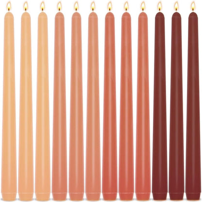 12-Pack Earth Tone Taper Candles, 10 Inch Unscented Dripless Candlesticks, Long-Lasting Burn Time of 7-8 Hours, Perfect for Fall Harvest Halloween Thanksgiving Dinners Parties and Home Décor